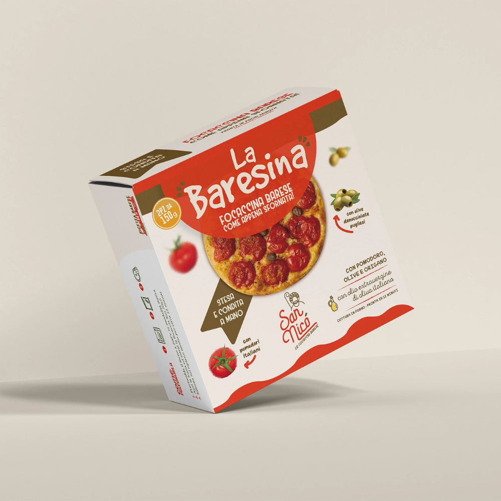 verpakking focaccia barese focaccia barese, authentieke getopte focaccia, retailverpakking